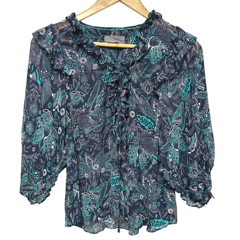 Anthropologie Chiffon Ruffle Blouse Women XS Navy Floral Sheer Lace Up Boho Top